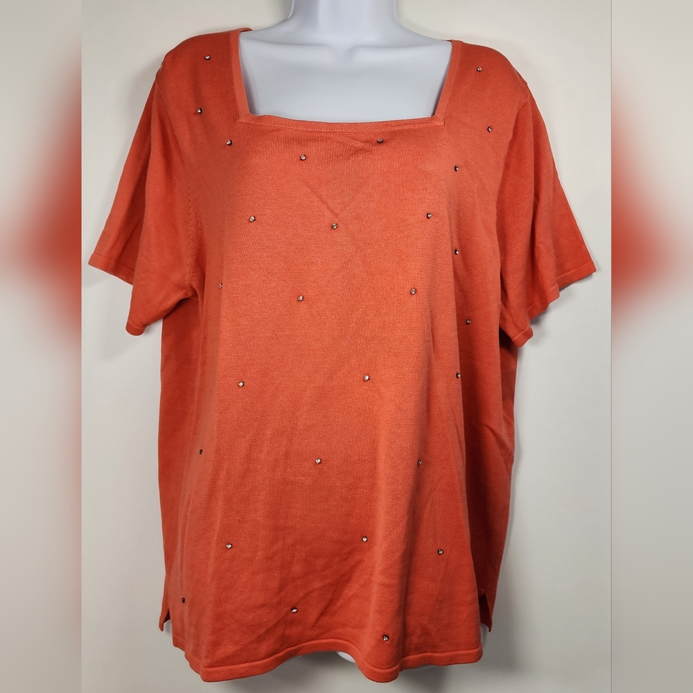 The Quacker Factory 1X Silk Cotton Orange Studded Sweater Top Square Neck Short